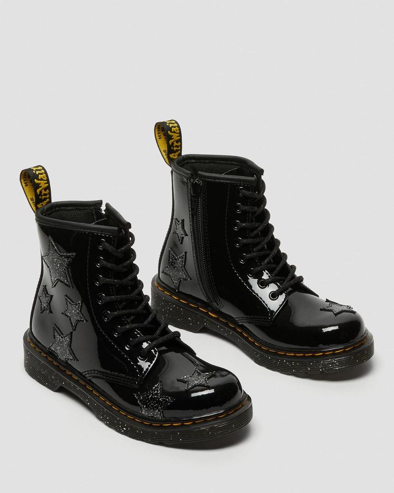 Kids' Dr Martens Junior 1460 Glitter Star Patent Lace Up Boots Black | AU 679PJJ